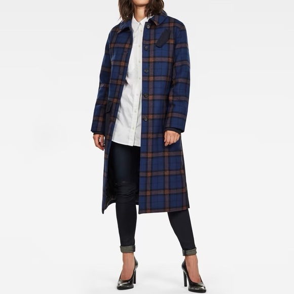 G-STAR // padded fieldcoat belted blue orange tartan plaid wool blend - Picture 2 of 15